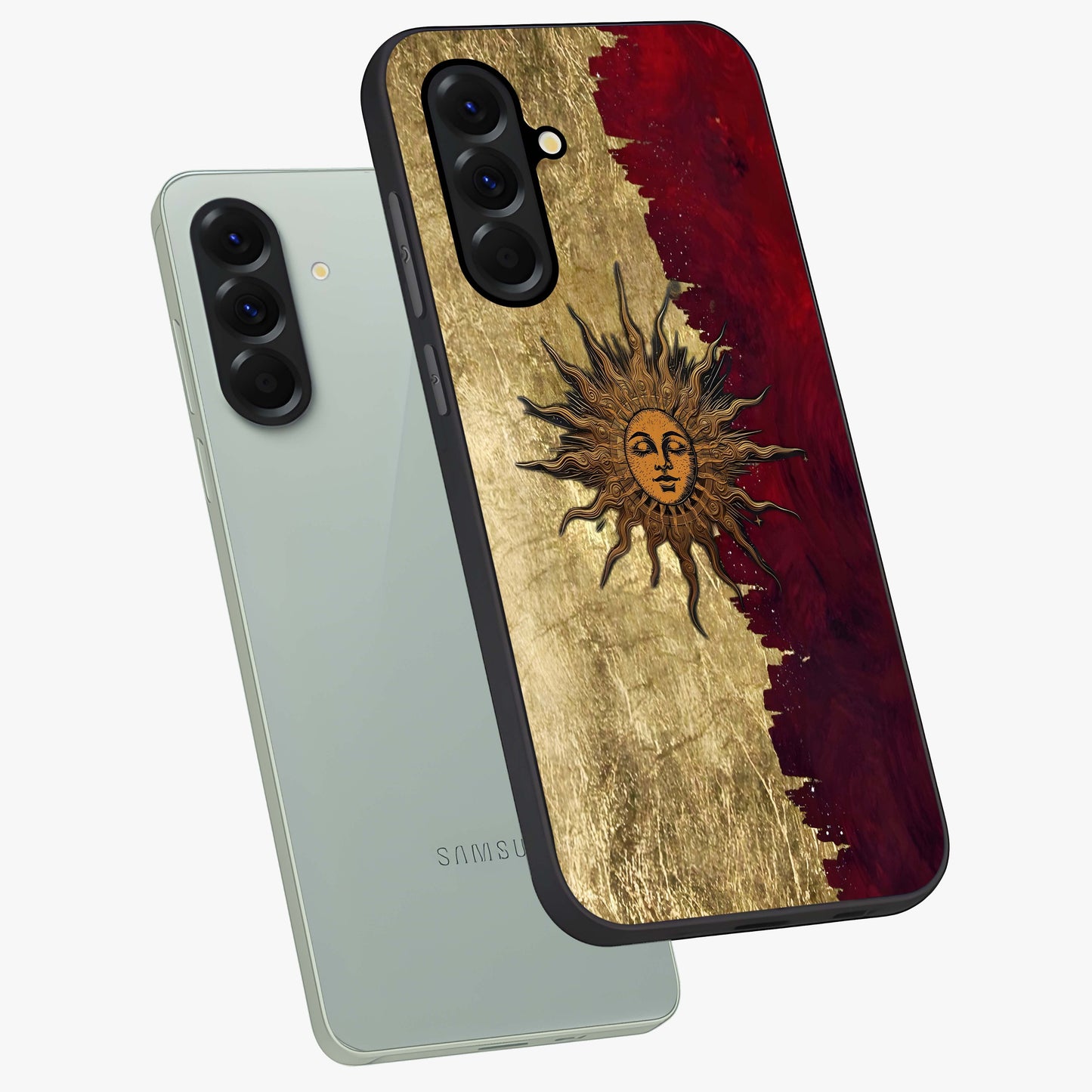Crimson Sun Majesty Glass Case displayed in angled mockup highlighting majestic crimson sun design with bold aesthetic style.