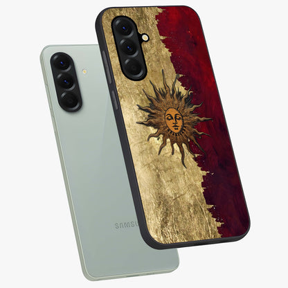 Crimson Sun Majesty Glass Case displayed in angled mockup highlighting majestic crimson sun design with bold aesthetic style.