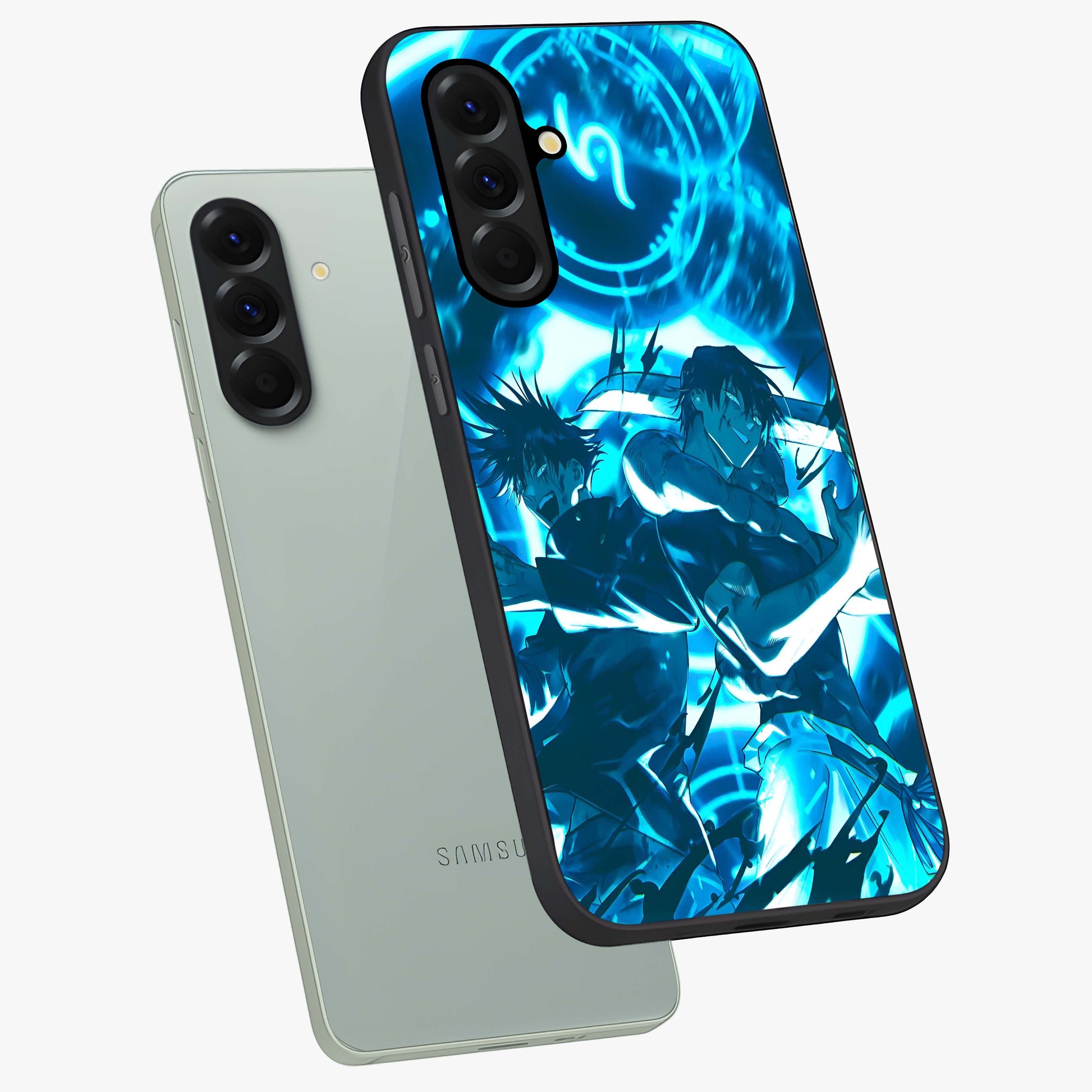 Cursed Energy Clash Glass Case displayed in angled mockup highlighting powerful battle inspired graphic with anime style aesthetic.
