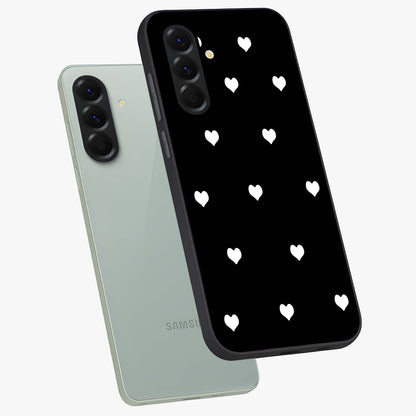 Cute And Simple White Hearts Glass Case displayed in angled mockup highlighting cute heart design with clean aesthetic style.