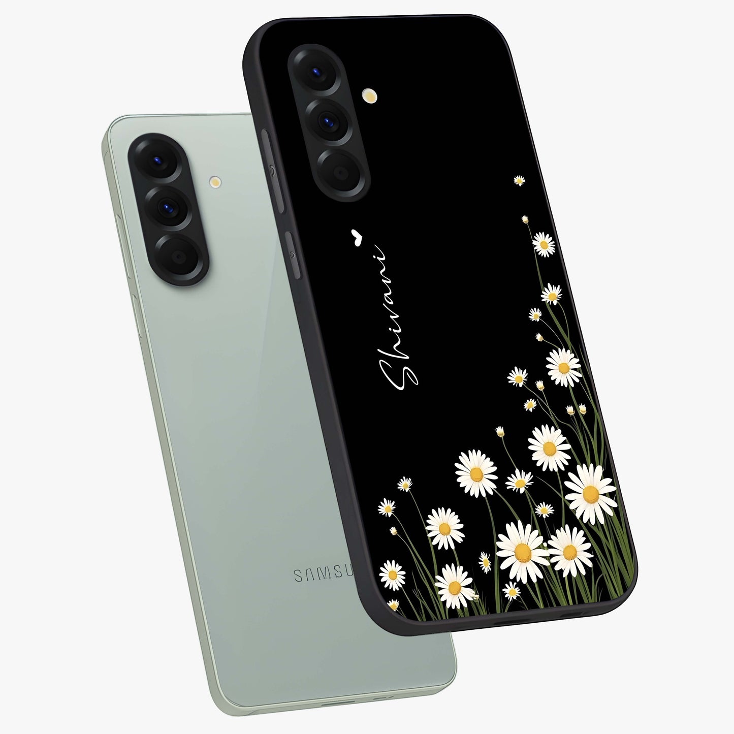 Daisy Cascade Custom Name Glass Case displayed in angled mockup highlighting delicate daisy artwork with custom name feature.