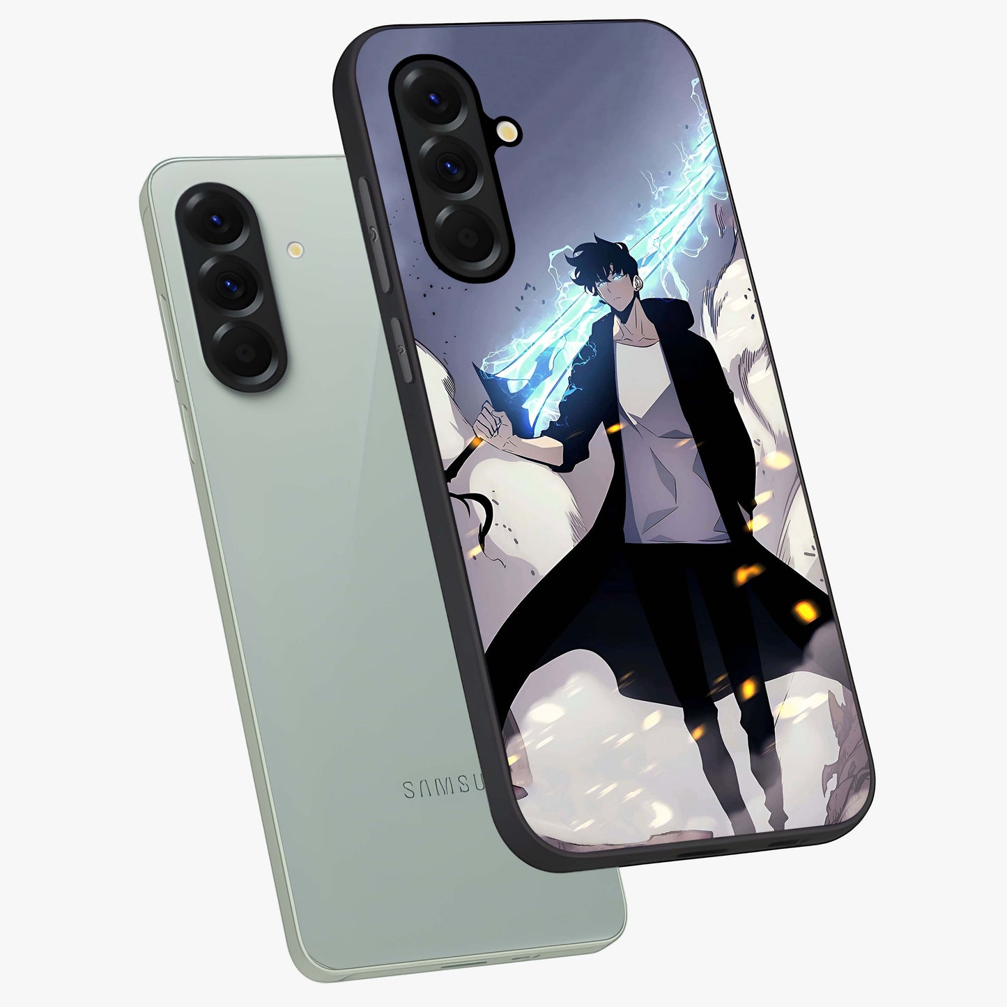 Dark Lightning Anime Warrior Glass Case displayed in angled mockup highlighting powerful lightning themed anime illustration.
