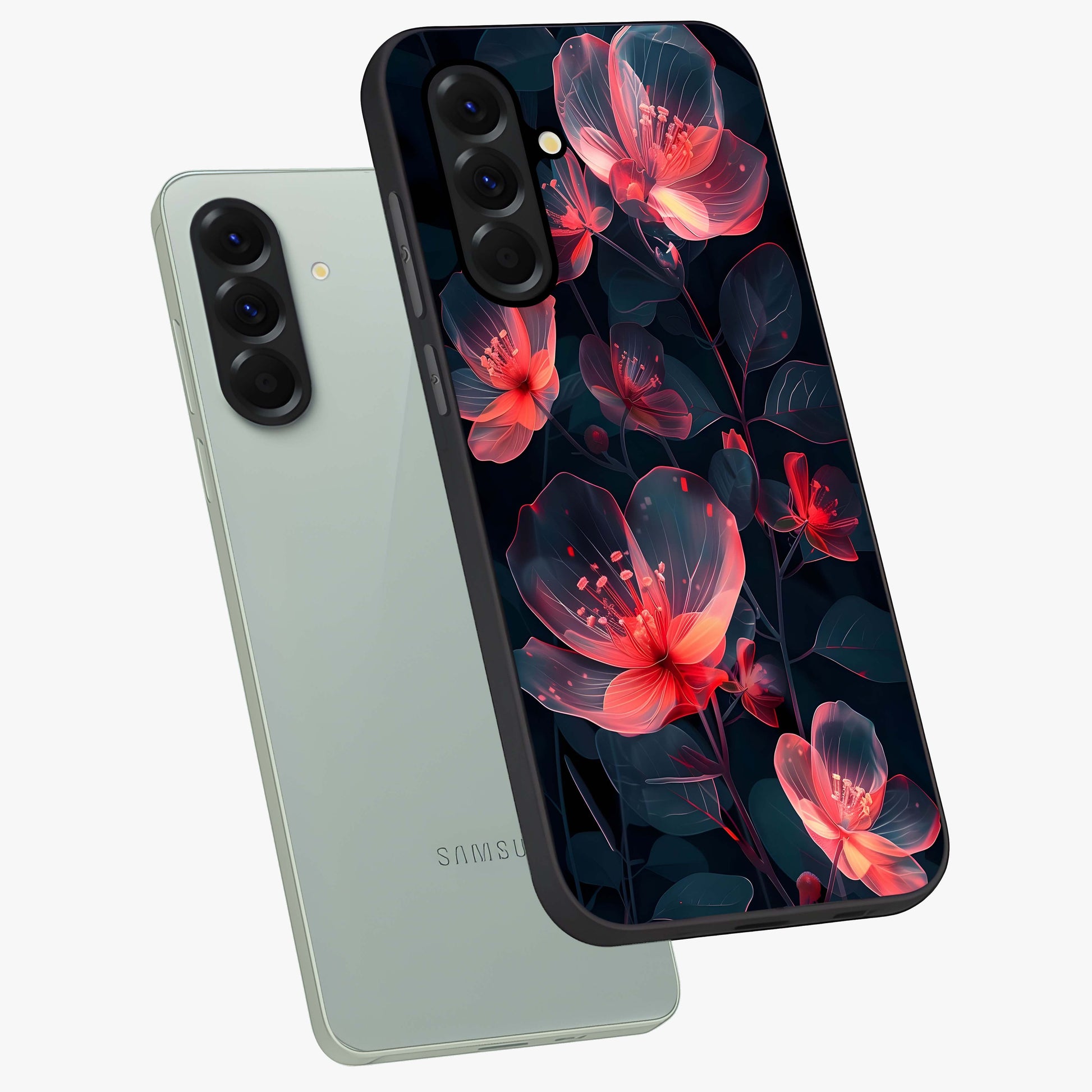 Dark Shade of Flower Glass Case displayed in angled mockup highlighting moody floral illustration with aesthetic dark tones.