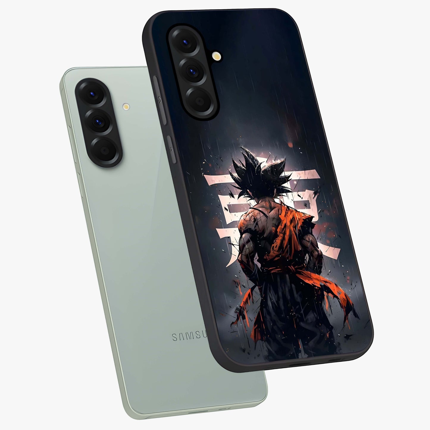 Dark Warrior In Rain Glass Case displayed in angled mockup highlighting dramatic warrior illustration with dark rain aesthetic.
