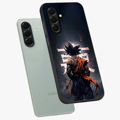 Dark Warrior In Rain Glass Case displayed in angled mockup highlighting dramatic warrior illustration with dark rain aesthetic.