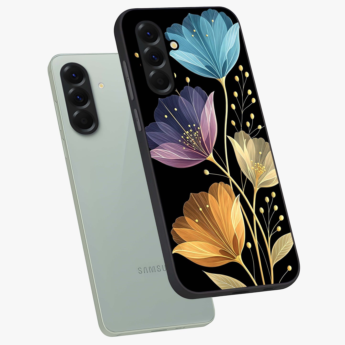Delicate Multicolor Flowers Glass Case displayed in angled mockup highlighting colorful flower pattern with soft aesthetic style.