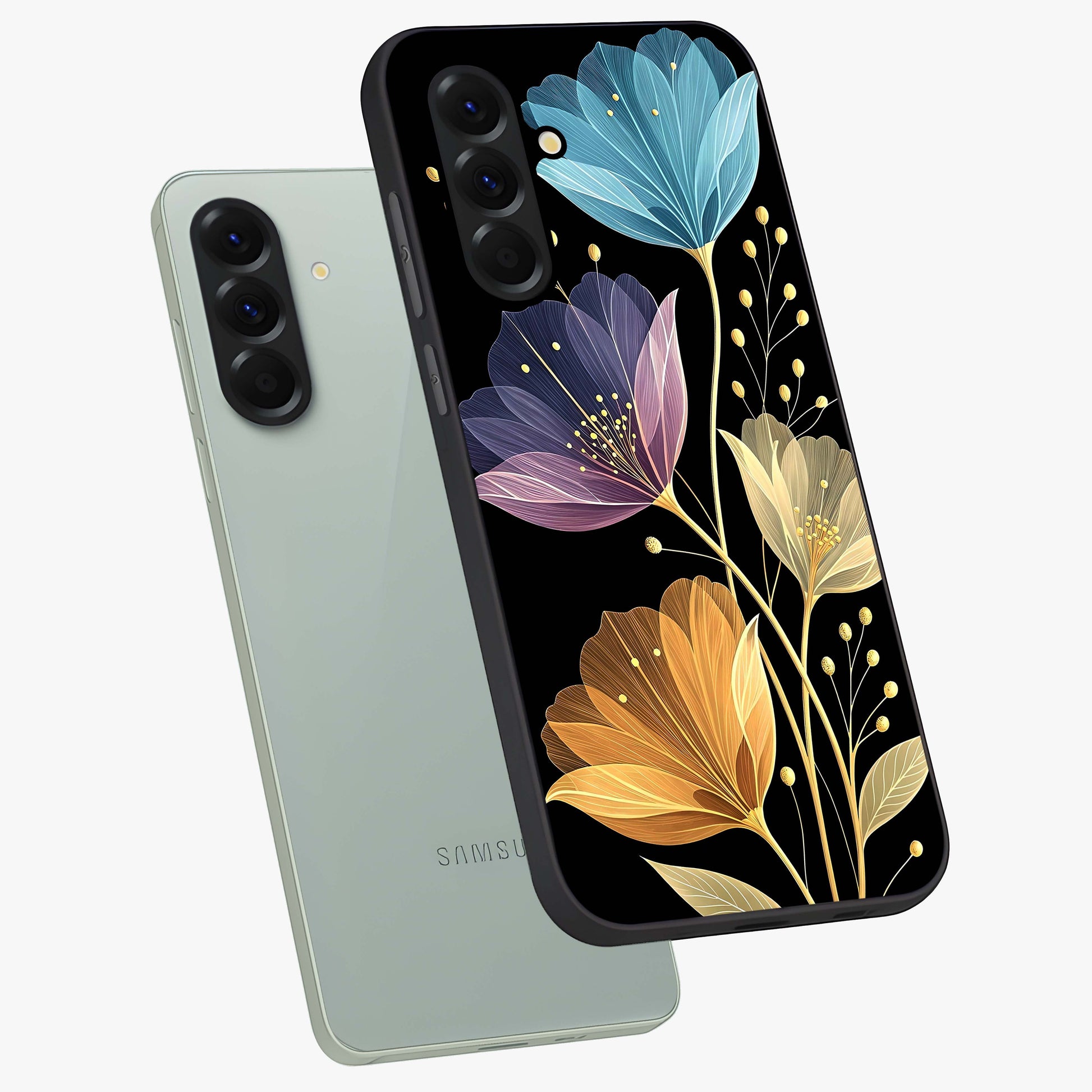 Delicate Multicolor Flowers Glass Case displayed in angled mockup highlighting colorful flower pattern with soft aesthetic style.