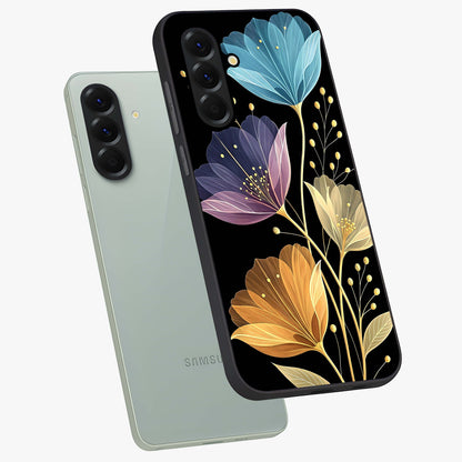 Delicate Multicolor Flowers Glass Case displayed in angled mockup highlighting colorful flower pattern with soft aesthetic style.