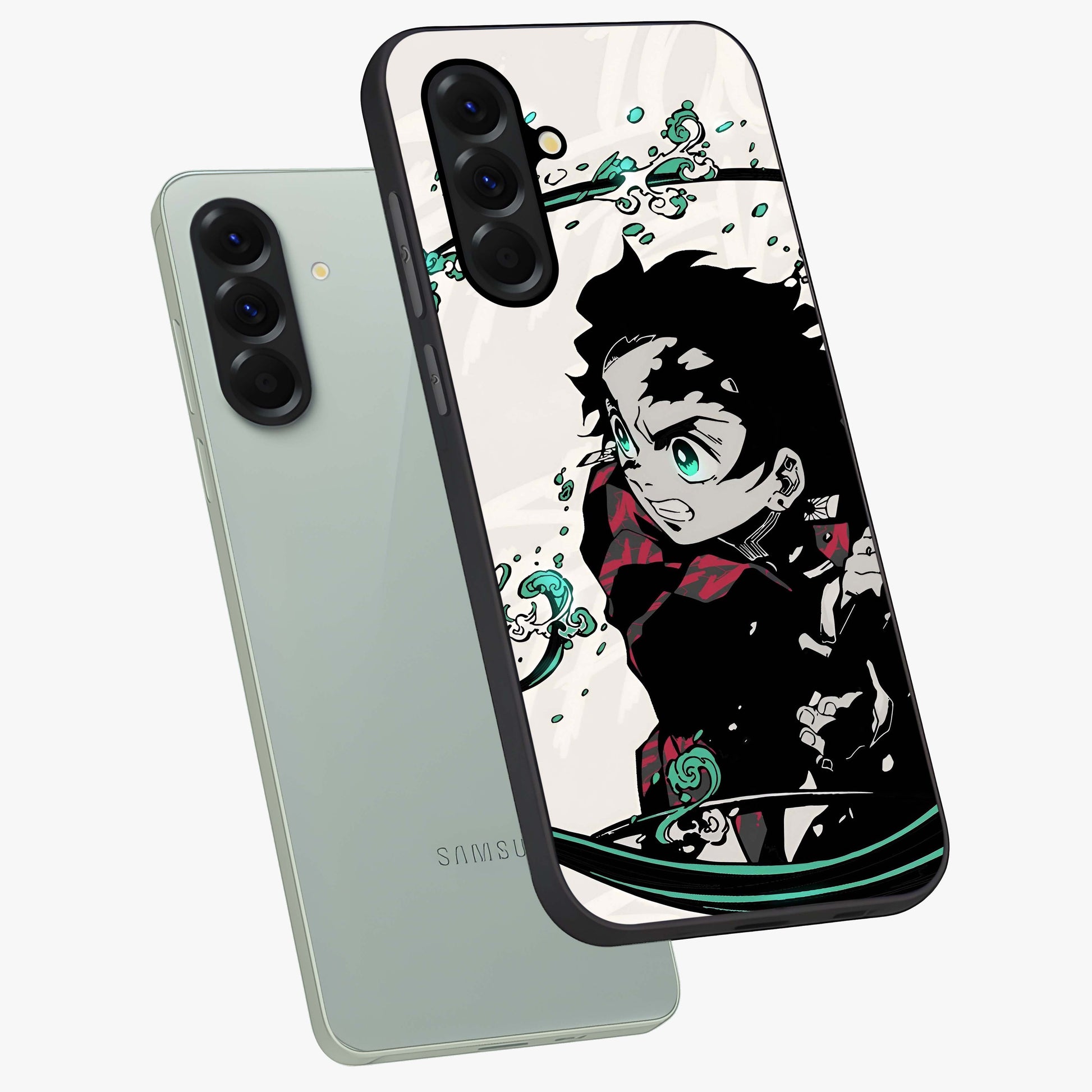 Demon Slayer Glass Case displayed in angled mockup highlighting dramatic anime character design with action aesthetic.