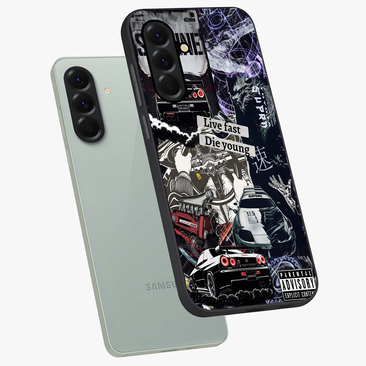 Die Young Glass Case displayed in angled mockup highlighting expressive graphic artwork with edgy aesthetic style.