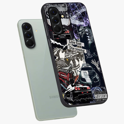 Die Young Glass Case displayed in angled mockup highlighting expressive graphic artwork with edgy aesthetic style.
