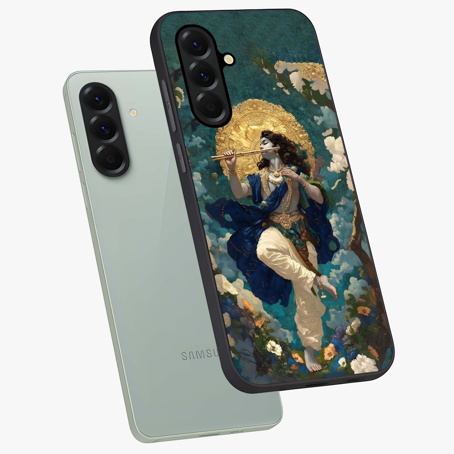 Divine Krishna Art Glass Case displayed in angled mockup highlighting spiritual Krishna illustration with devotional aesthetic.