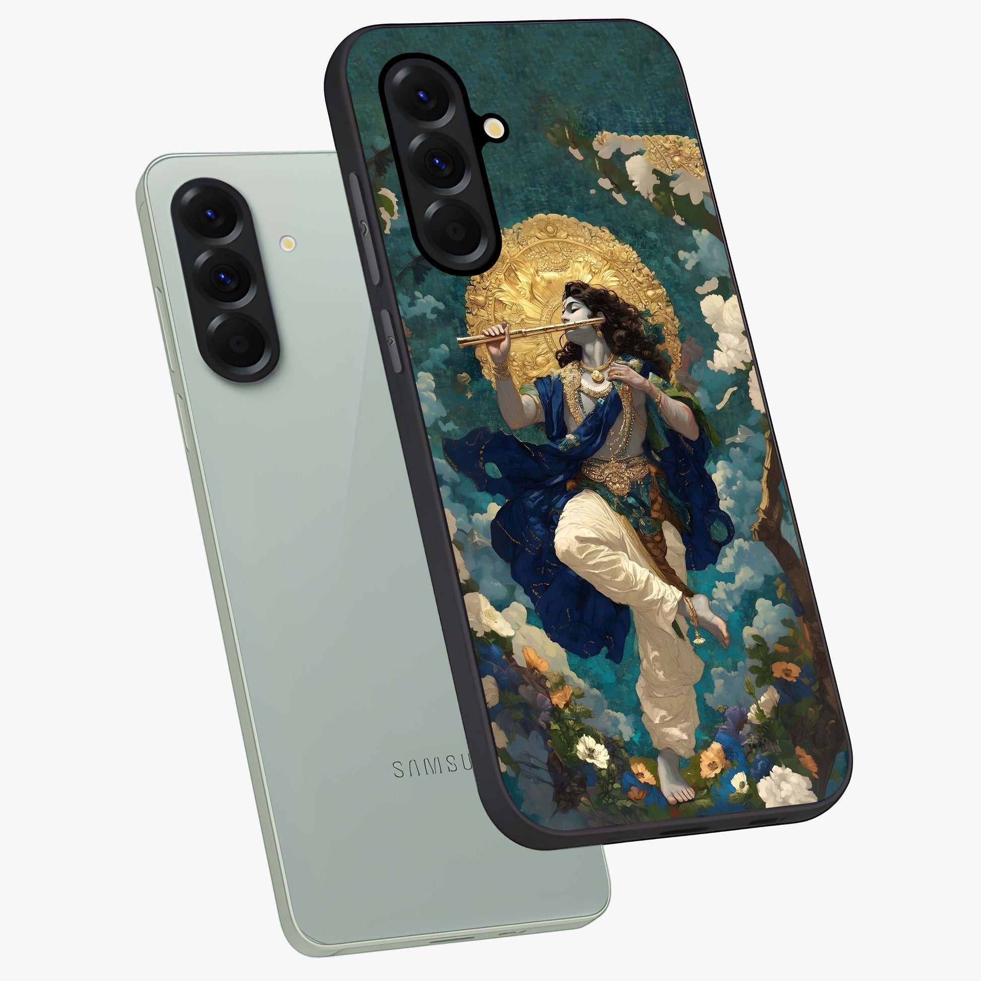 Divine Krishna Art Glass Case displayed in angled mockup highlighting spiritual Krishna illustration with devotional aesthetic.