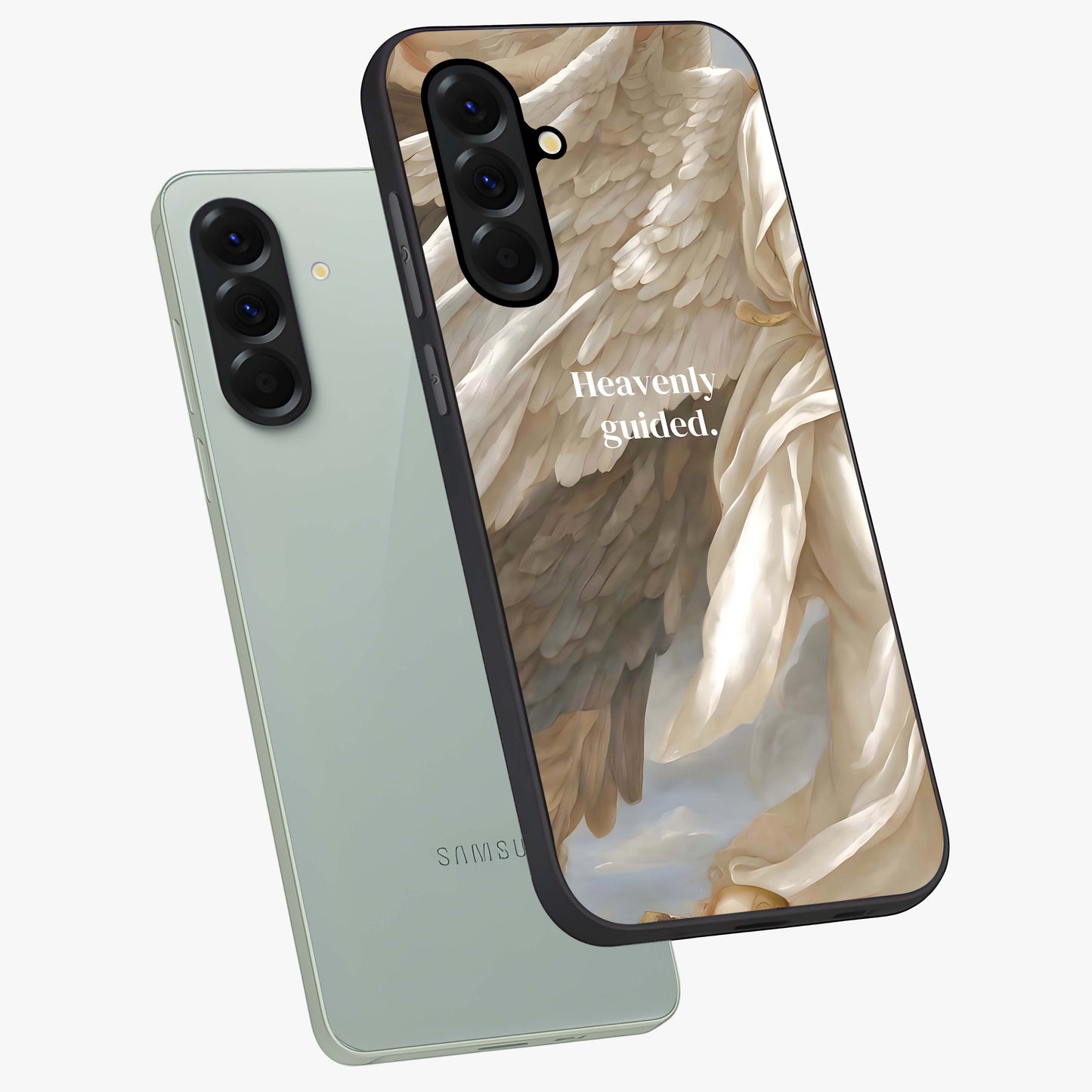 Divine Winged Grace Glass Case displayed in angled mockup highlighting graceful wing design with divine aesthetic style.