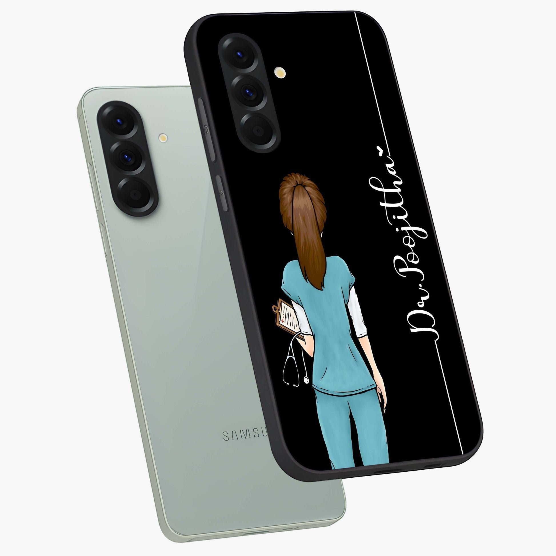 Doctor Pattern Custom Name Glass Case displayed in angled mockup highlighting doctor inspired artwork with custom name feature.