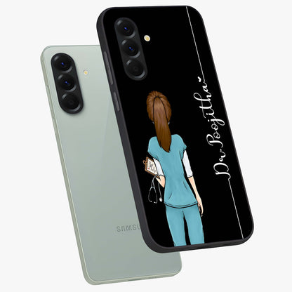 Doctor Pattern Custom Name Glass Case displayed in angled mockup highlighting doctor inspired artwork with custom name feature.