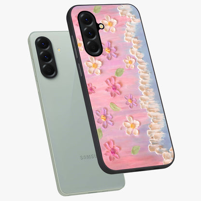 Dreamy Painted Garden Glass Case displayed in angled mockup highlighting colorful garden illustration with dreamy aesthetic style.