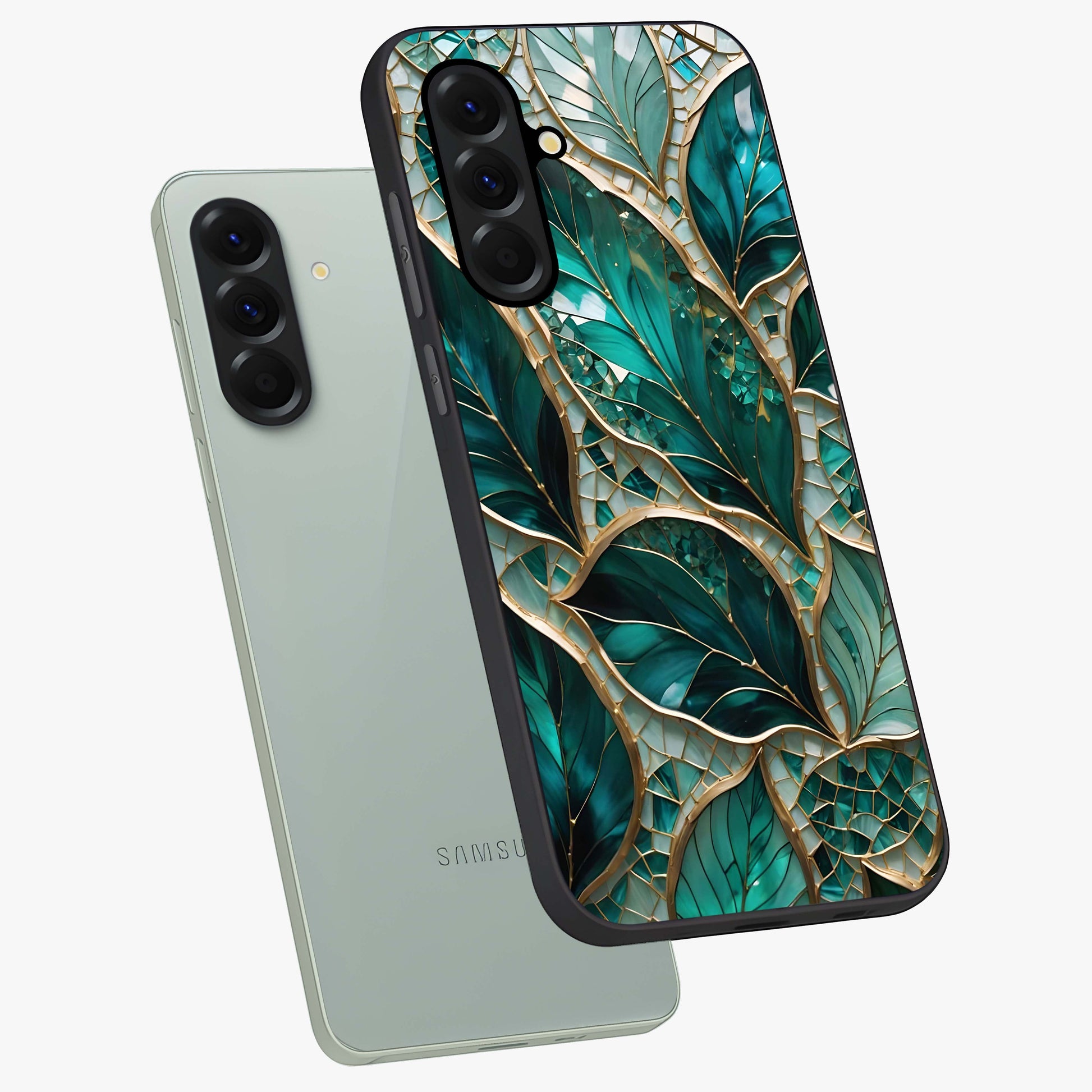 Emerald Leaf Glass Glass Case displayed in angled mockup highlighting botanical leaf illustration with elegant natural aesthetic.