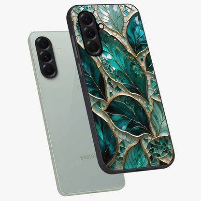 Emerald Leaf Glass Glass Case displayed in angled mockup highlighting botanical leaf illustration with elegant natural aesthetic.