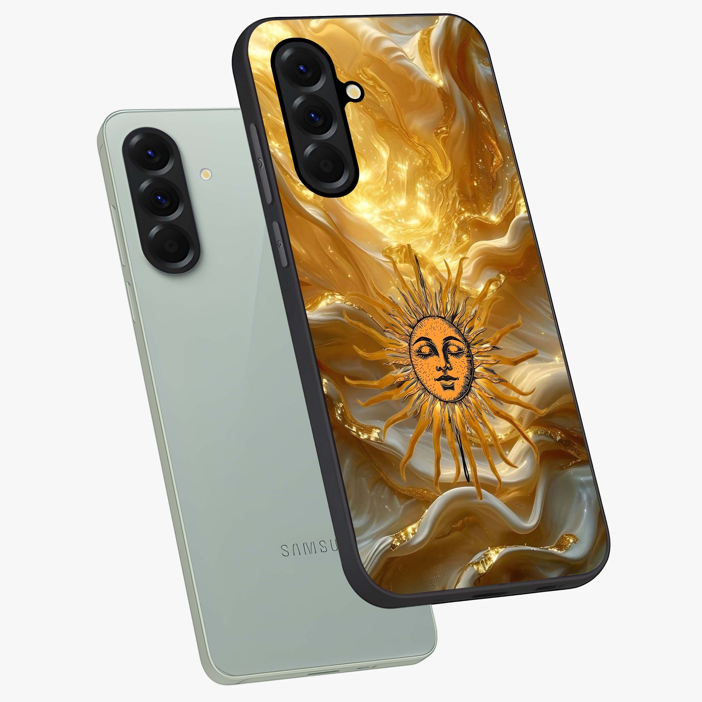 Eternal Golden Glow Glass Case displayed in angled mockup highlighting glowing golden aesthetic design with elegant style.