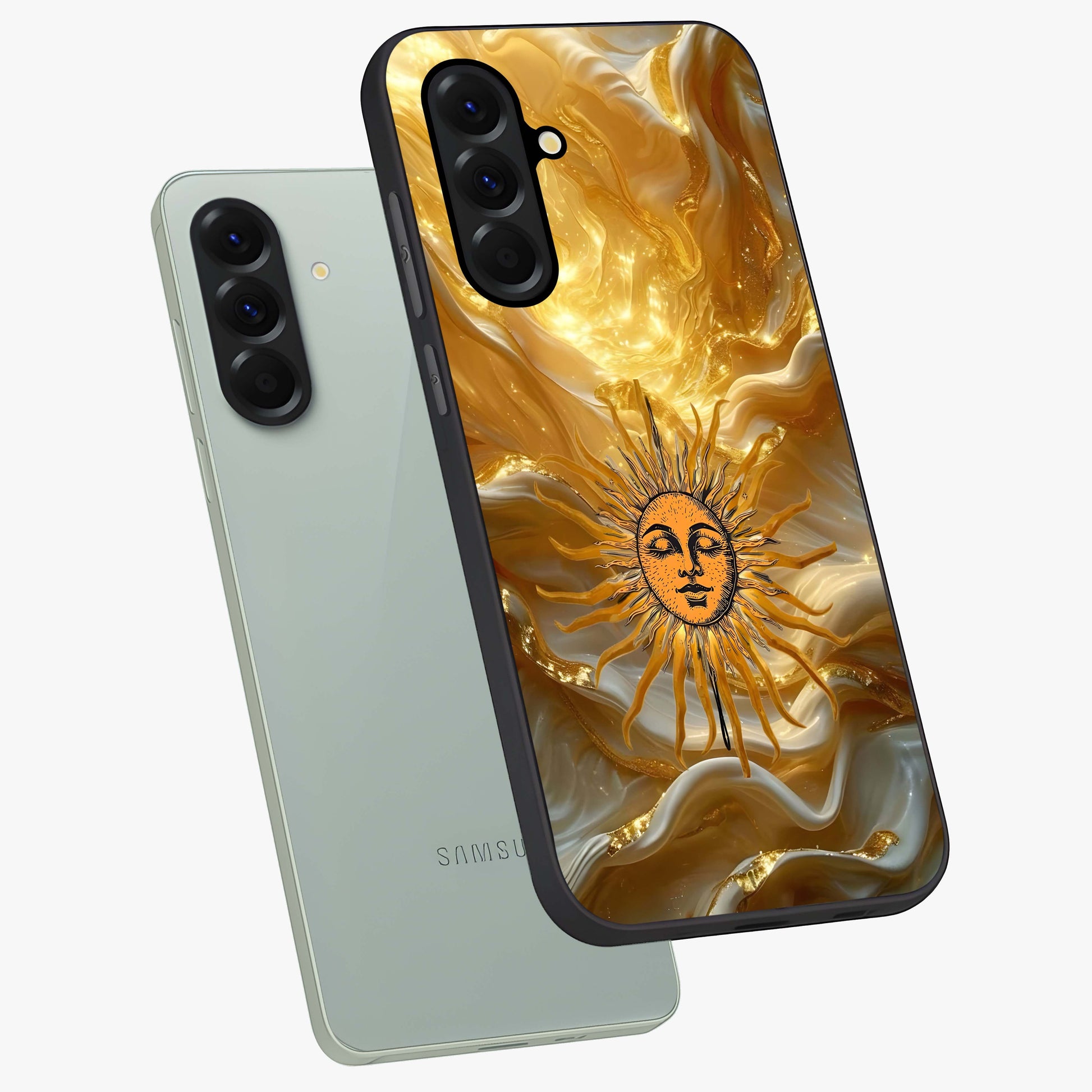 Eternal Golden Glow Glass Case displayed in angled mockup highlighting glowing golden aesthetic design with elegant style.