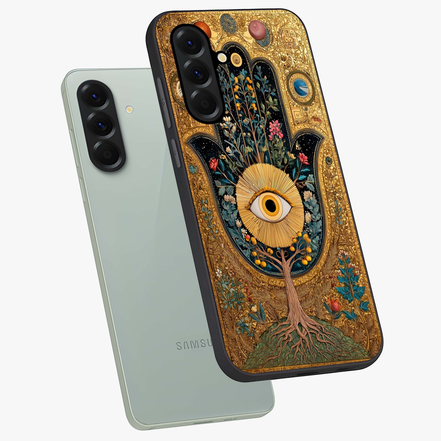 Ethereal Evil Eye Glass Case displayed in angled mockup highlighting protective evil eye symbol with spiritual aesthetic design.