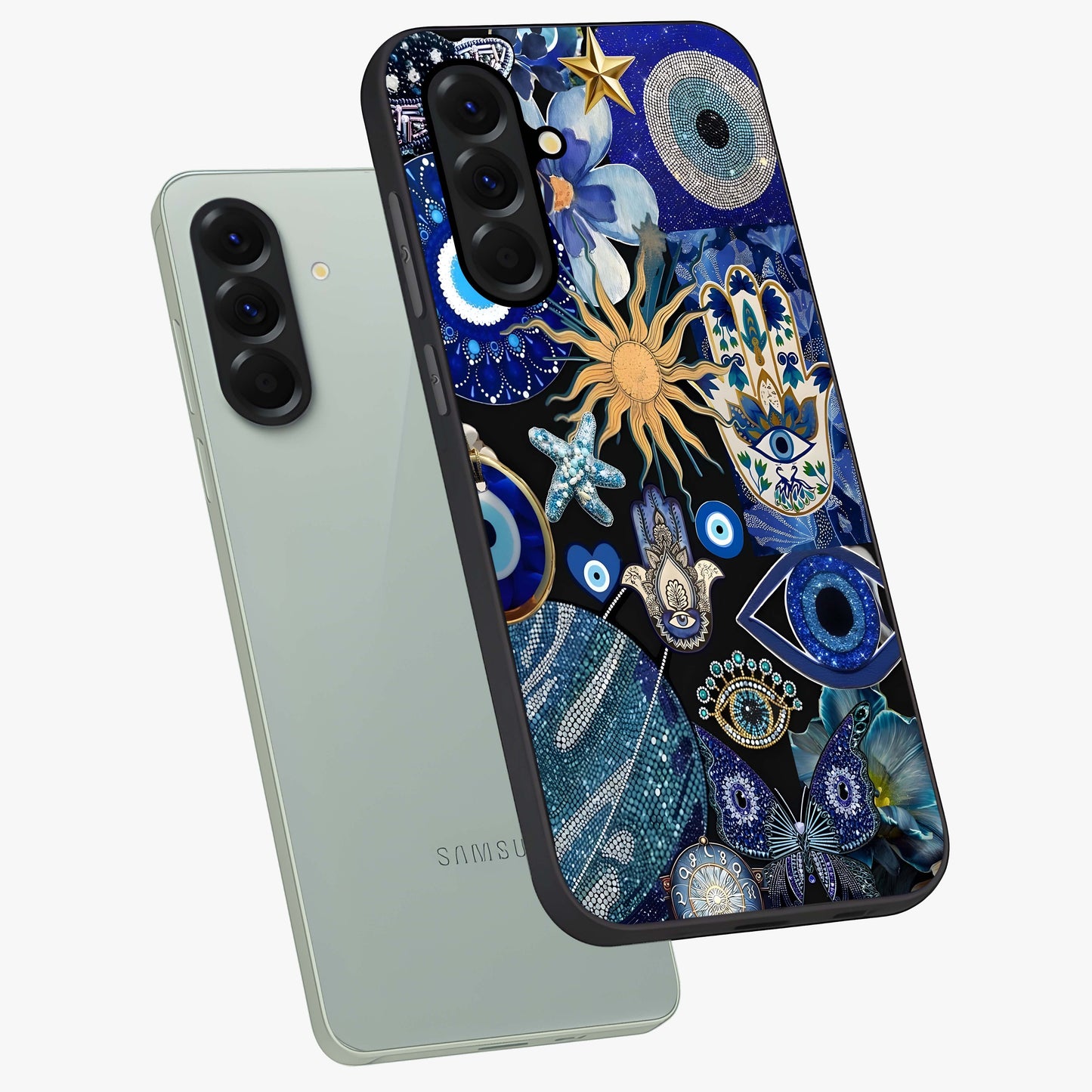 Evil Eye Charm Mix Glass Case displayed in angled mockup highlighting protective evil eye symbols with spiritual aesthetic design.