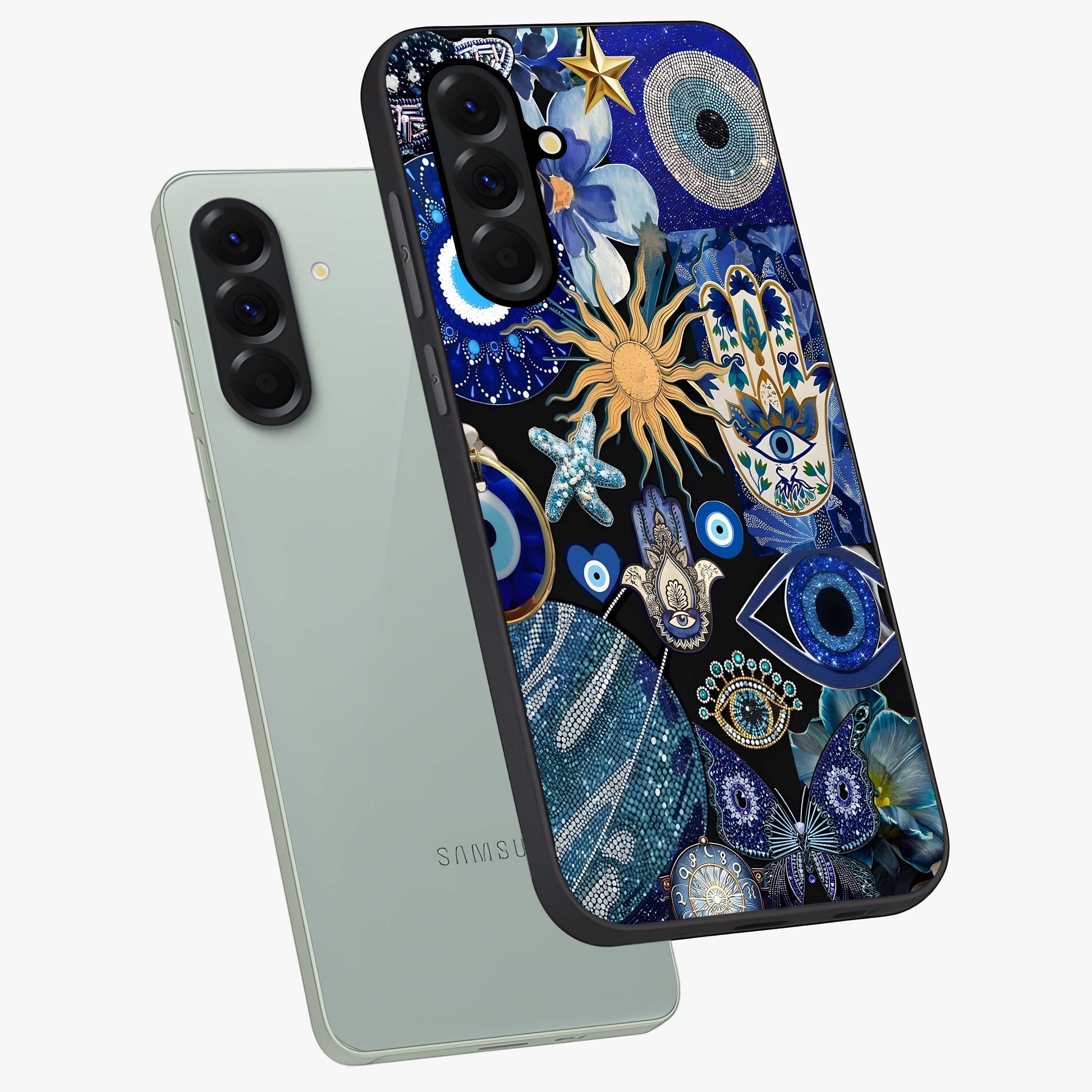 Evil Eye Charm Mix Glass Case displayed in angled mockup highlighting protective evil eye symbols with spiritual aesthetic design.