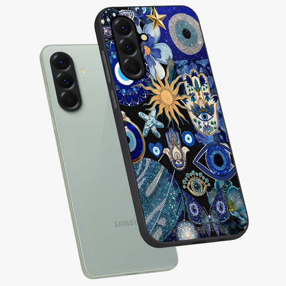 Evil Eye Charm Mix Glass Case displayed in angled mockup highlighting protective evil eye symbols with spiritual aesthetic design.
