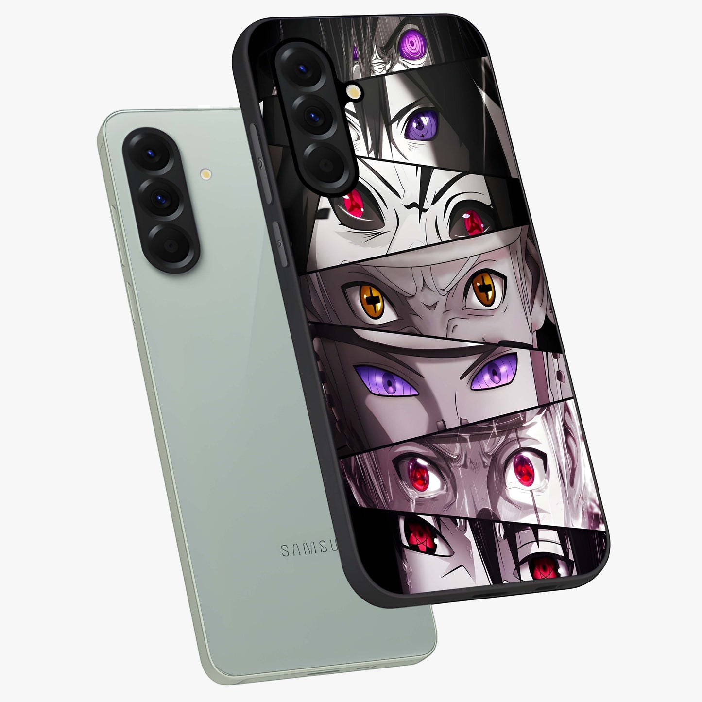 Eyes of Destiny Glass Case displayed in angled mockup highlighting bold eye illustration with mystical aesthetic style.