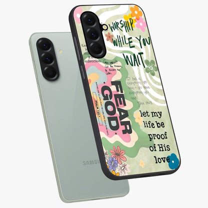 Faith Over Fear Glass Case displayed in angled mockup highlighting inspirational message design with modern aesthetic style.