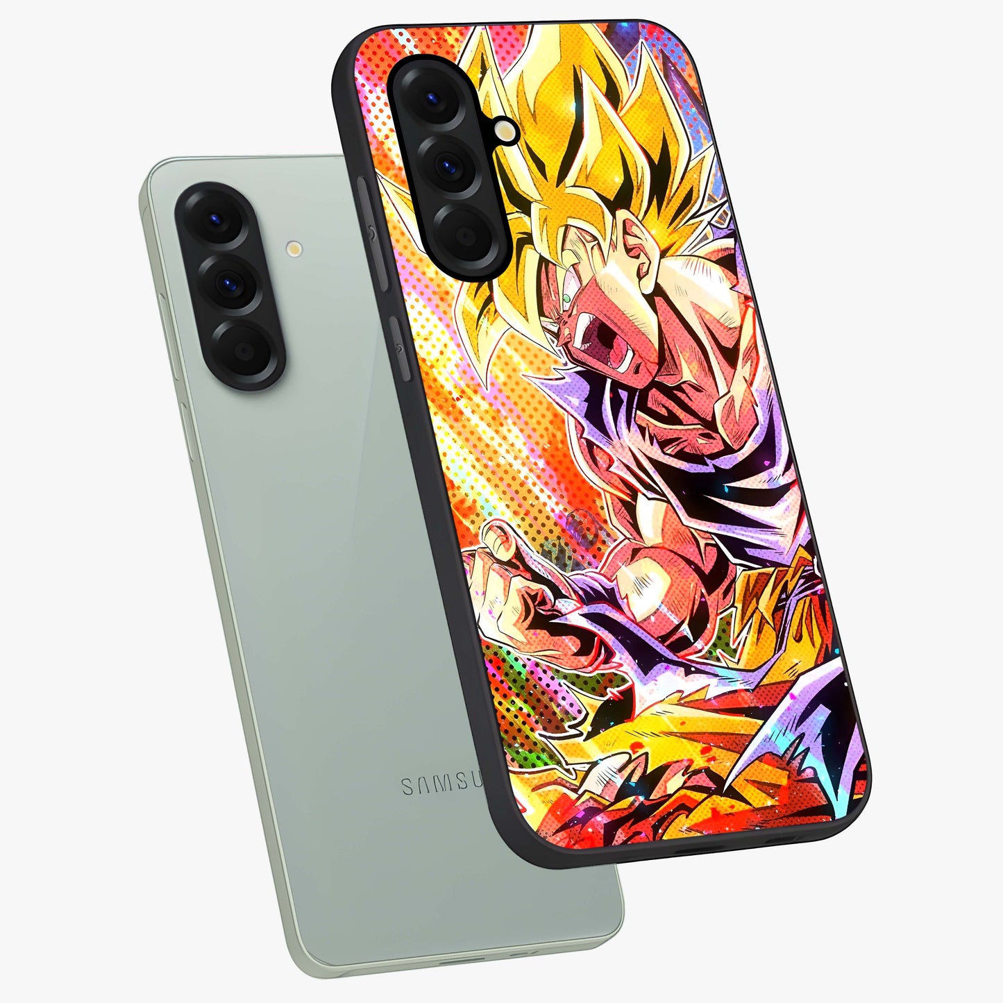 Firing Goku Glass Case displayed in angled mockup highlighting dynamic anime character design with action aesthetic.