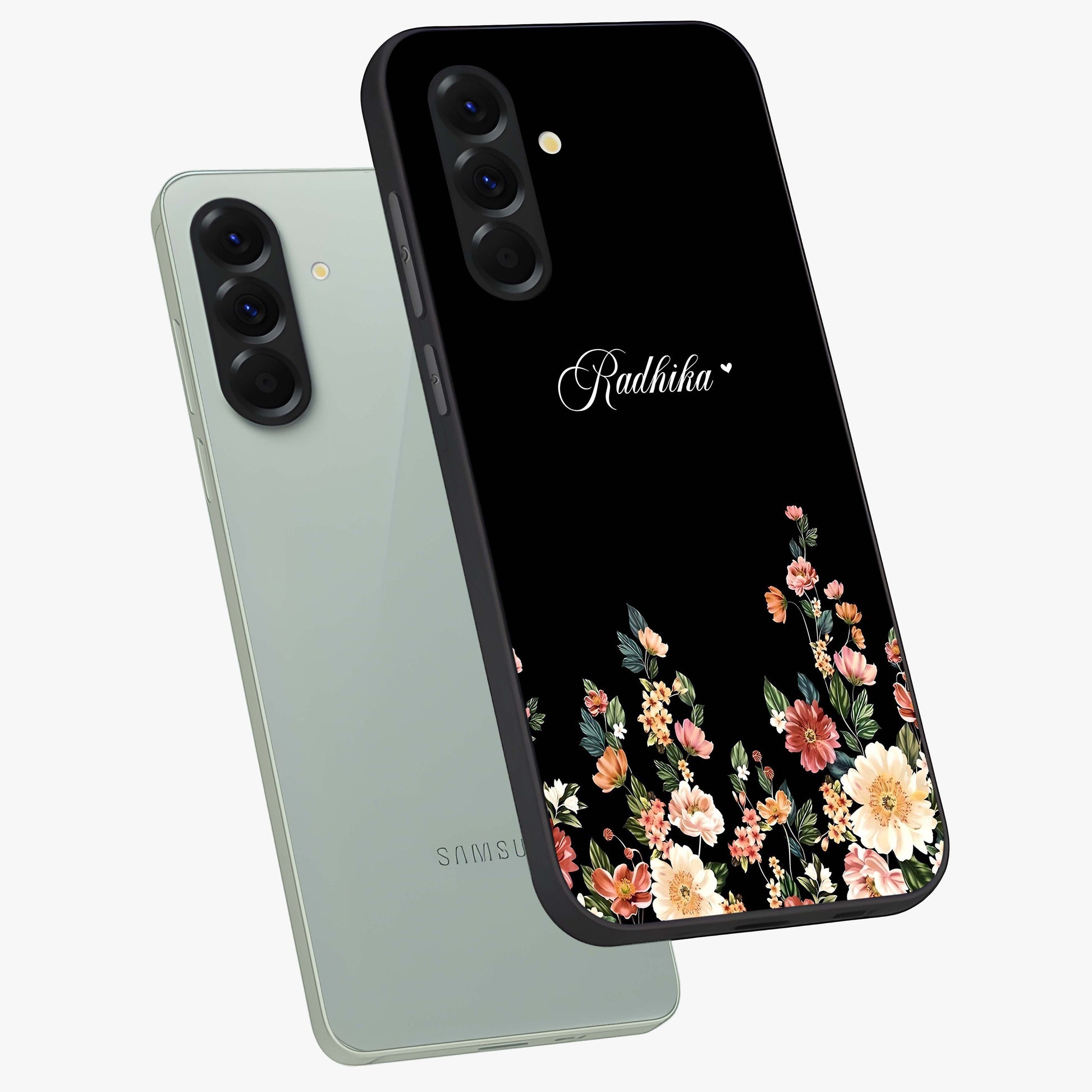 Floral Design With a Custom Personalized Name Glass Case displayed in angled mockup highlighting elegant floral pattern with custom name feature.