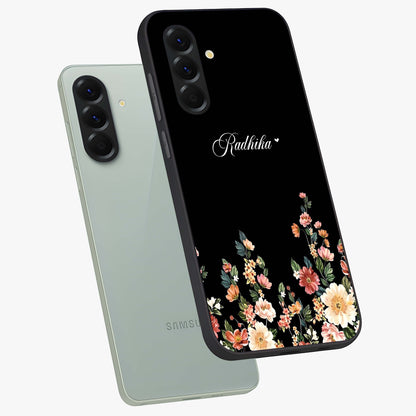 Floral Design With a Custom Personalized Name Glass Case displayed in angled mockup highlighting elegant floral pattern with custom name feature.