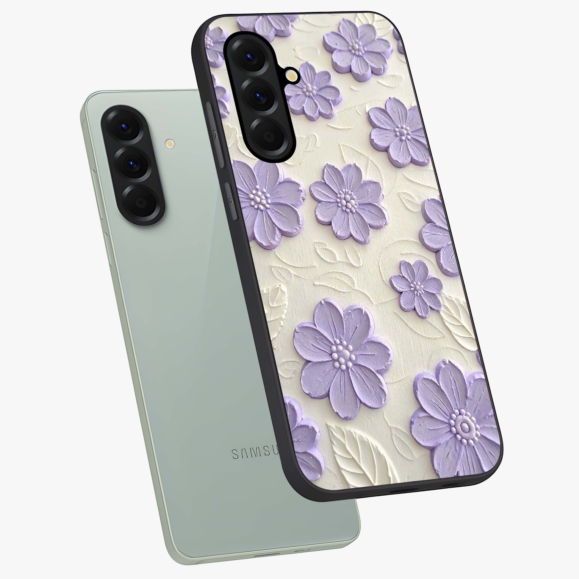 Floral Wall Art With Purple Flowers Glass Case displayed in angled mockup highlighting vibrant purple floral illustration with artistic aesthetic.