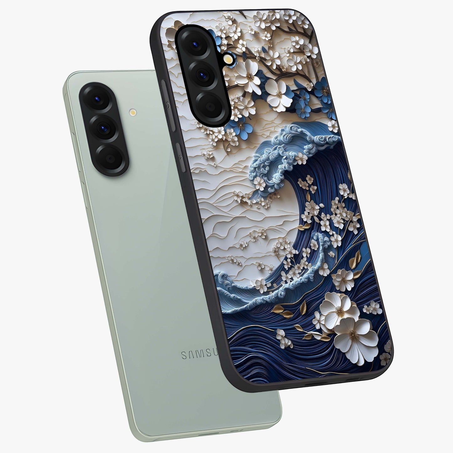 Floral Wave Origami Glass Case displayed in angled mockup highlighting geometric origami flower design with modern aesthetic style.