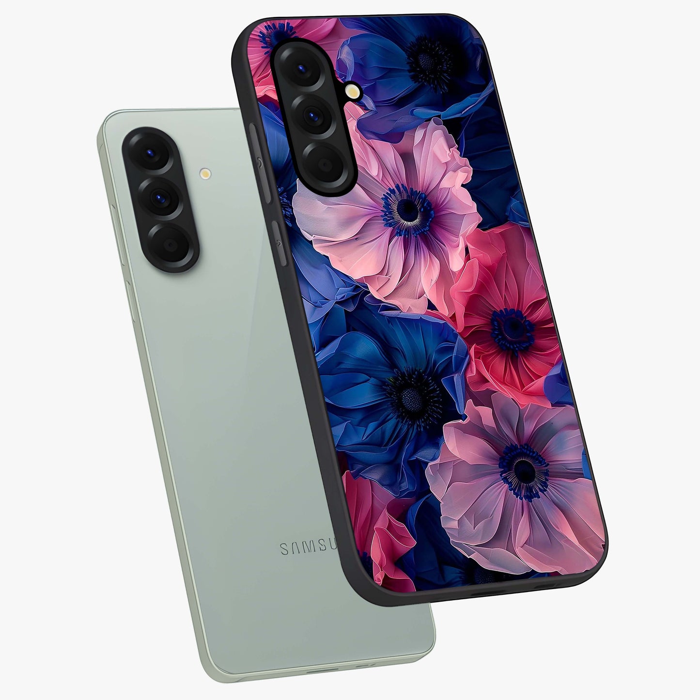 Flower Paper Art Pattern Glass Case displayed in angled mockup highlighting layered paper flower design with artistic aesthetic.