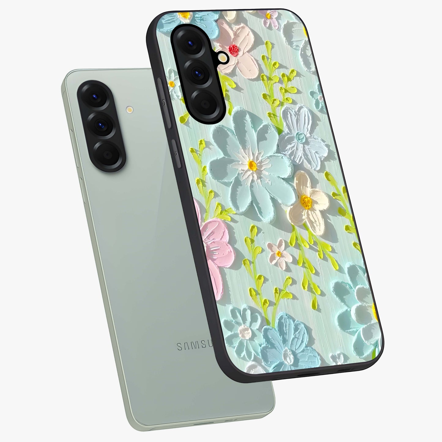 Frosted Petal Garden Glass Case displayed in angled mockup highlighting delicate flower petal design with calm garden aesthetic.