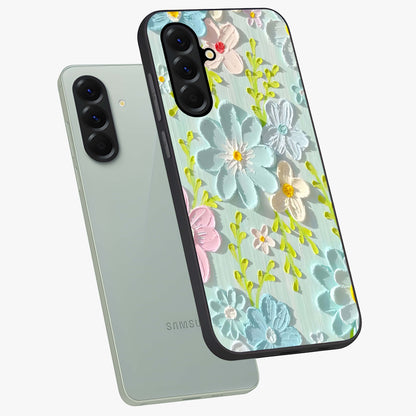 Frosted Petal Garden Glass Case displayed in angled mockup highlighting delicate flower petal design with calm garden aesthetic.