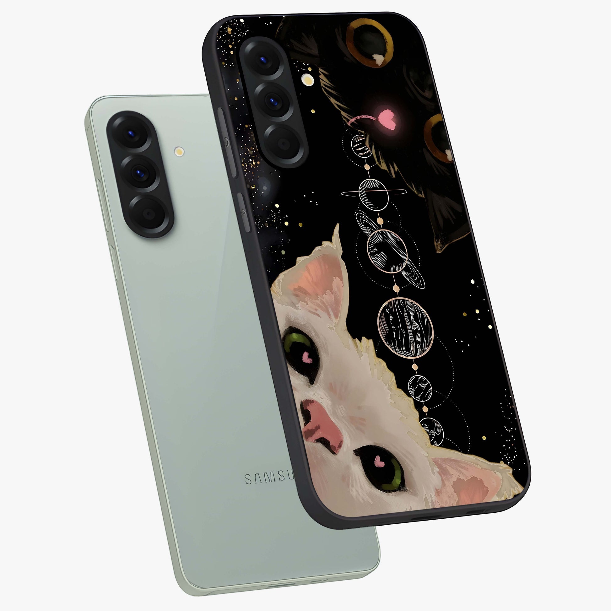 Galactic Cat Glass Case displayed in angled mockup highlighting celestial feline illustration with galaxy aesthetic style.