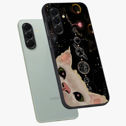Galactic Cat Glass Case displayed in angled mockup highlighting celestial feline illustration with galaxy aesthetic style.
