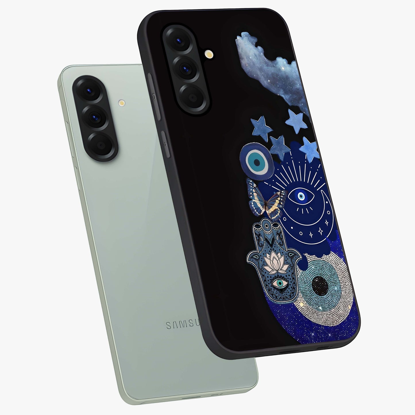 Galactic Charm Cluster Glass Case displayed in angled mockup highlighting luminous galaxy inspired design with dreamy aesthetic.