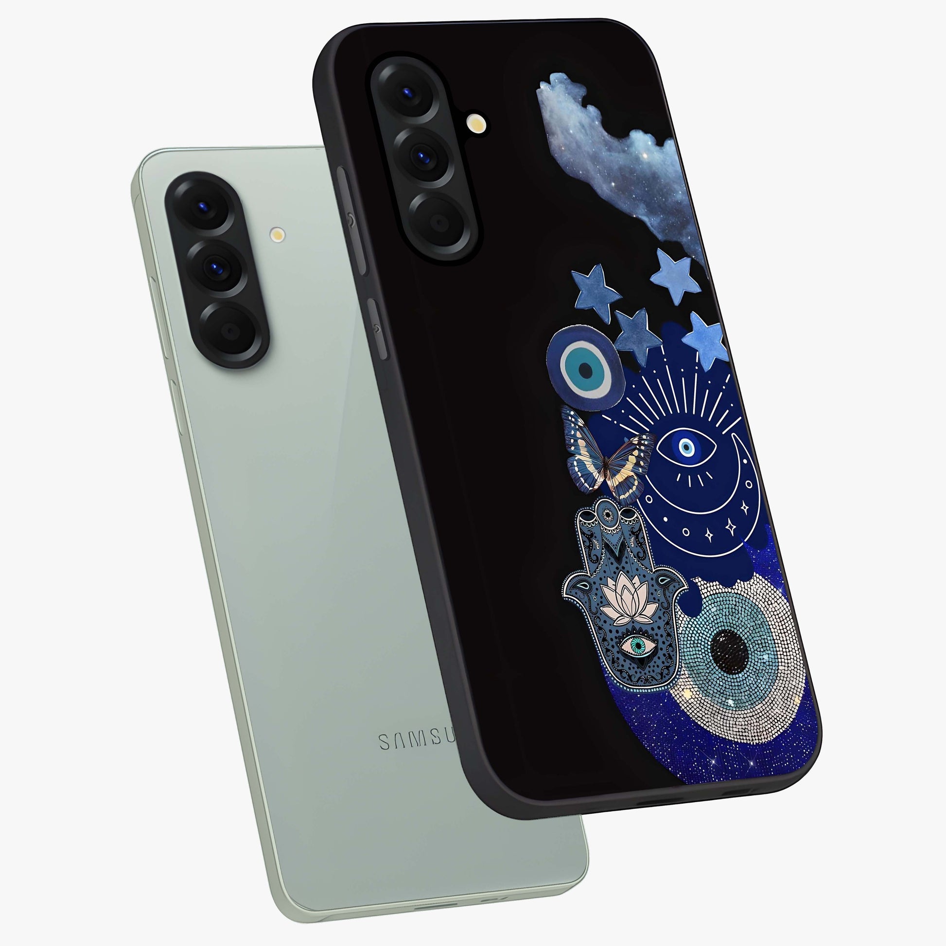 Galactic Charm Cluster Glass Case displayed in angled mockup highlighting luminous galaxy inspired design with dreamy aesthetic.