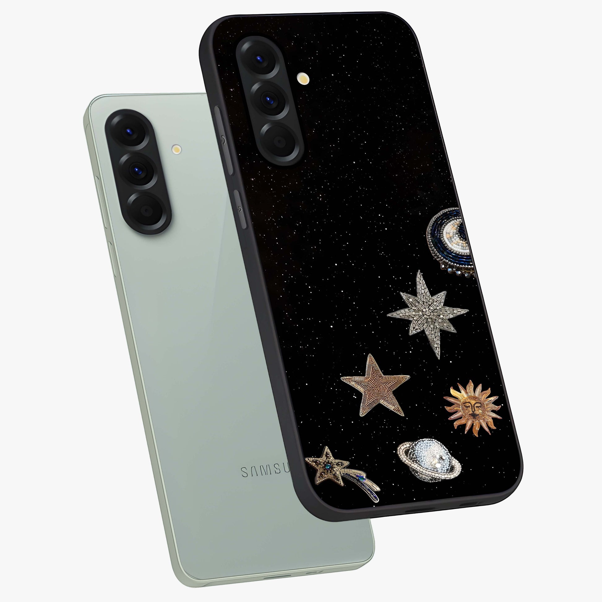Galactic Charm Glow Glass Case displayed in angled mockup highlighting luminous galaxy inspired design with dreamy aesthetic.