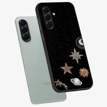 Galactic Charm Glow Glass Case displayed in angled mockup highlighting luminous galaxy inspired design with dreamy aesthetic.