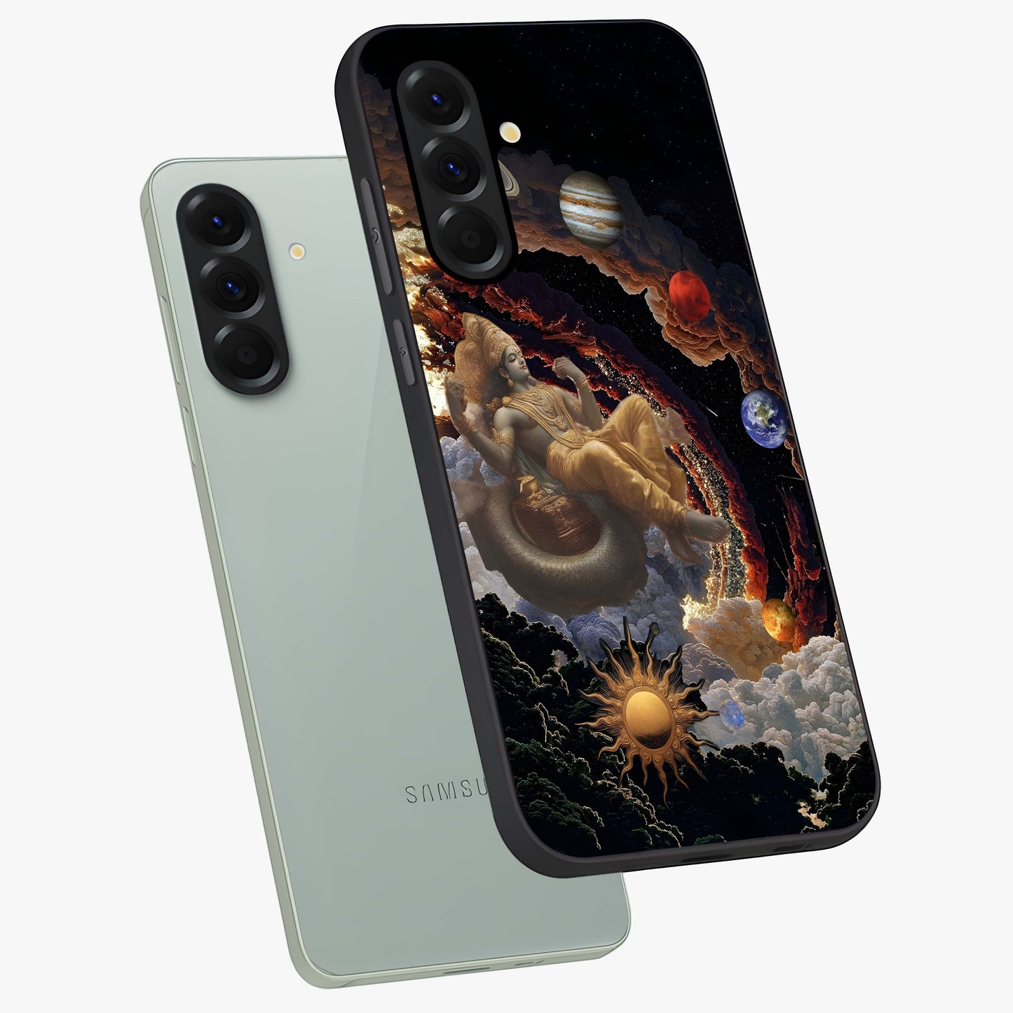 Galactic Divine God Glass Case displayed in angled mockup highlighting powerful celestial deity illustration with galactic aesthetic.