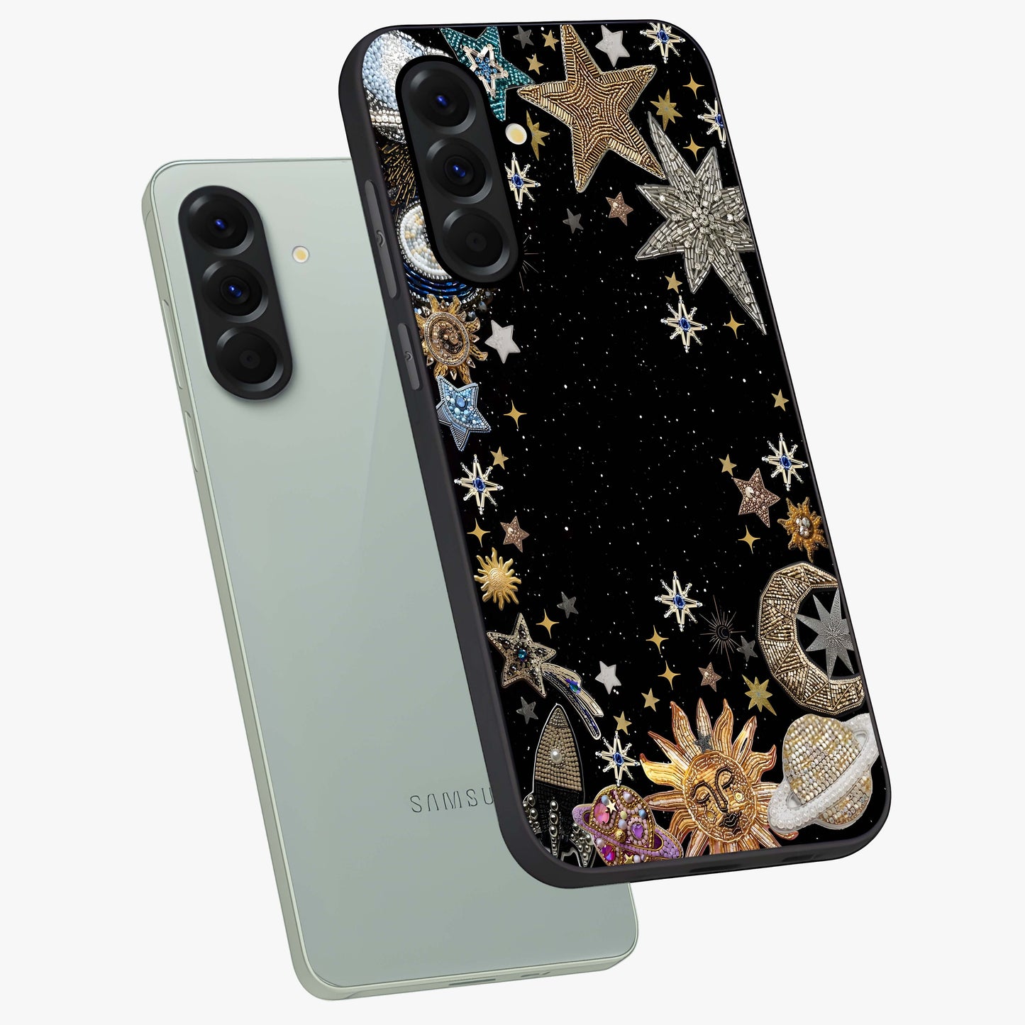 Galactic Jewel Stars Glass Case displayed in angled mockup highlighting shining celestial star design with cosmic aesthetic style.