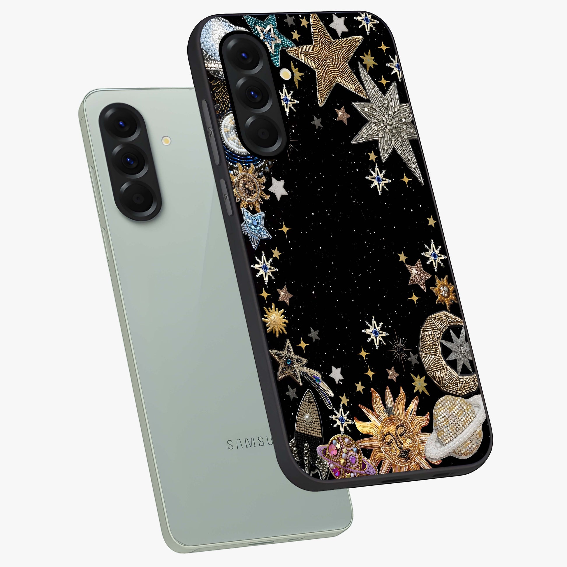 Galactic Jewel Stars Glass Case displayed in angled mockup highlighting shining celestial star design with cosmic aesthetic style.