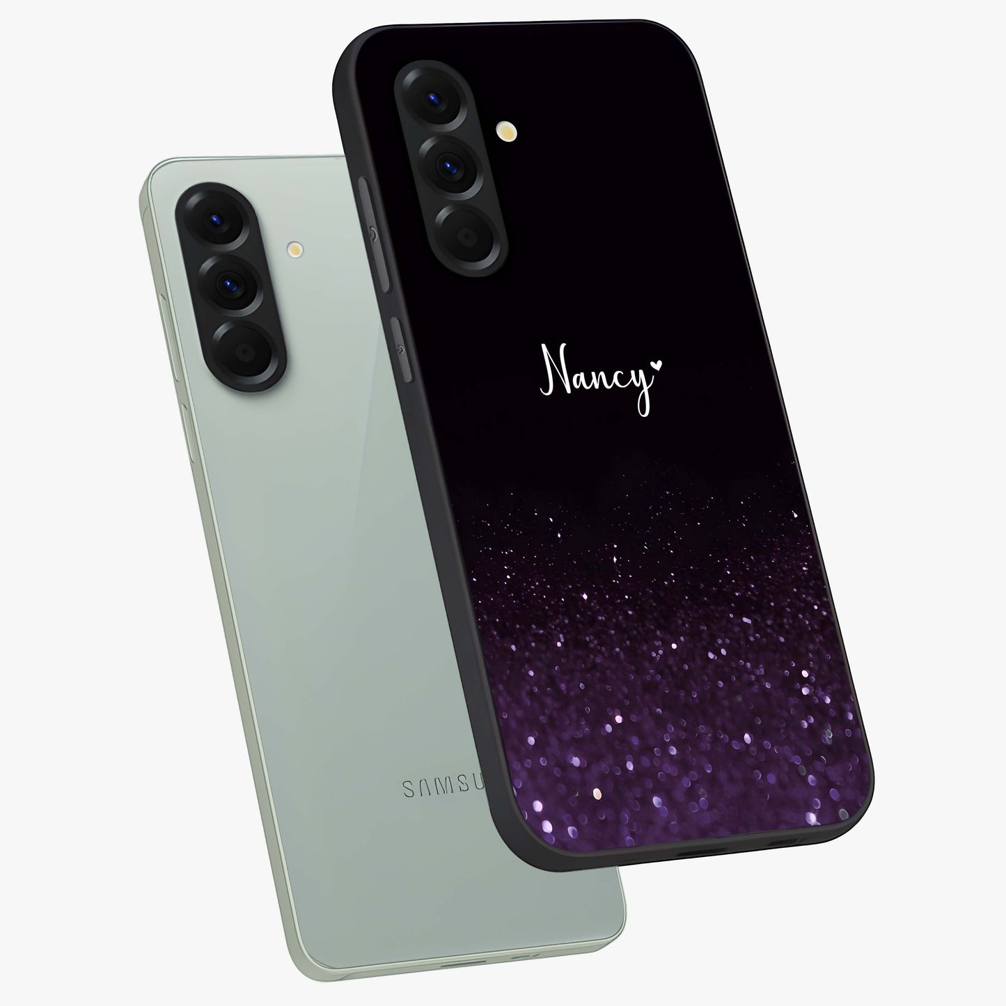 Glittery Purple Bokeh Custom Name Glass Case displayed in angled mockup highlighting glitter bokeh pattern with custom name feature.