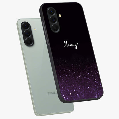 Glittery Purple Bokeh Custom Name Glass Case displayed in angled mockup highlighting glitter bokeh pattern with custom name feature.
